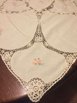 Vintage Hand Embroidered Cross Stitched Crocheted Cotton Table Cloth/cover