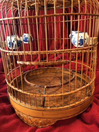 Vintage Bamboo Bird Cage W/carvings,  Blue & White Porcelain? Pots
