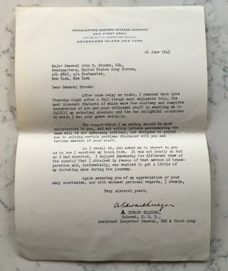 Ww2 Signed Colonel A.  Edward Krieger Letter Autograph General John Brooks