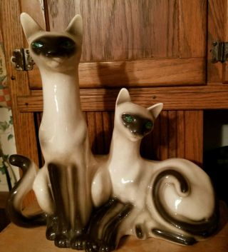 Vintage Mid - Century Modern Ceramic Siamese Cats TV Lamp - Blue Jewel Eyes 3