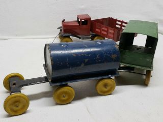 VINTAGE GIRARD MARX TRUCK WITH STAKE WAGON TANKER TRAILER AND PUP WOOD WHEELS 11