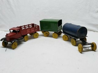 Vintage Girard Marx Truck With Stake Wagon Tanker Trailer And Pup Wood Wheels