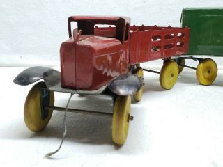 VINTAGE GIRARD MARX TRUCK WITH STAKE WAGON TANKER TRAILER AND PUP WOOD WHEELS 2