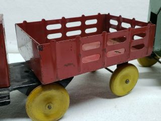 VINTAGE GIRARD MARX TRUCK WITH STAKE WAGON TANKER TRAILER AND PUP WOOD WHEELS 4