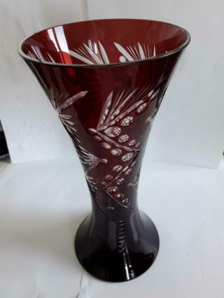 Vintage Bohemian Czech Ruby Red Cut To Clear Crystal Glass Vase