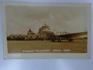Vintage Photo Postcard With Plane Douglas Transport Municipal Airport Akron Ohio