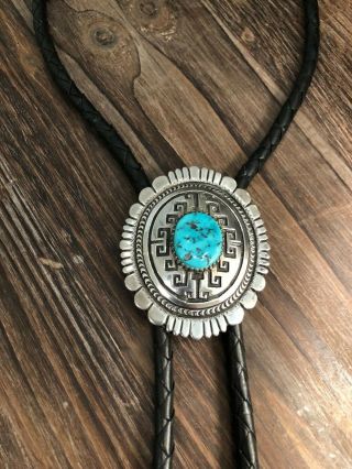 Vintage Navajo Sterling Silver And Turquoise Bolo Tie
