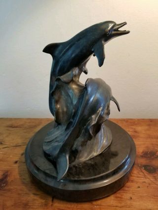 Rare Signed Numbered Dale Joseph Evers Patinated Bronze Dolphin Statue on Marble 2