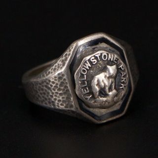 Vtg Sterling Silver - Yellowstone National Park Bear Signet Ring Size 6.  5 - 6.  5g