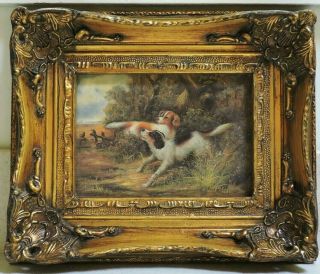 Vintage Oil Painting Of Two Adorable Dogs & Landscape Exquisite Frame,  England
