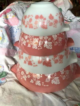 Vintage Pink Gooseberry Pyrex Cinderella Set Of 4 Nesting Mixing Bowls Complete