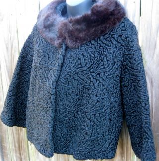 Vtg Persian Curly Lamb Black Fur Jacket Mink Collar Godchaux Orleans M