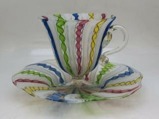 Early Vintage Murano Zanfirico Latticino Multi - Color Footed Tea Cup & Saucer
