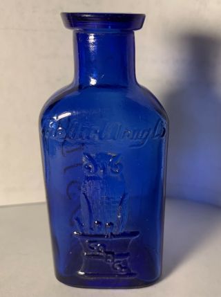Antique Owl Drug Co Cobalt Blue 3 1/4” Glass Poison Bottle Rare Vintage Embossed