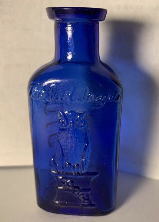 Antique OWL DRUG Co COBALT Blue 3 1/4” Glass POISON Bottle Rare Vintage Embossed 2