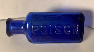 Antique OWL DRUG Co COBALT Blue 3 1/4” Glass POISON Bottle Rare Vintage Embossed 3