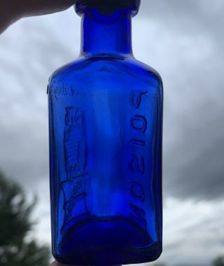 Antique OWL DRUG Co COBALT Blue 3 1/4” Glass POISON Bottle Rare Vintage Embossed 7