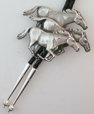 Vintage Large Solid Sterling Silver Relief Running Horses Western Bolo Tie