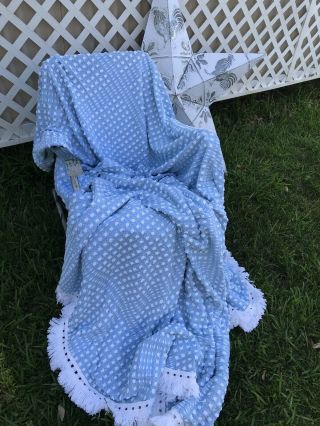 Morgan Jones Blue With White Rosebud Vintage Chenille Bedspread 9
