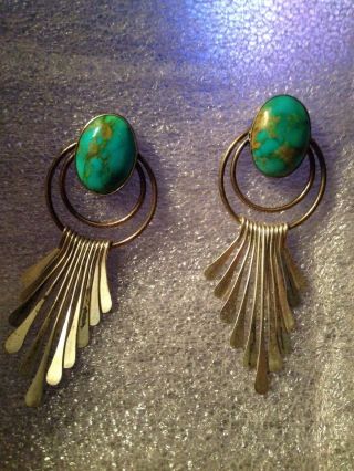 Vintage Estate Navajo Turquoise Earrings Sterling Silver Signed