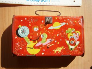 Foreign Vintage Tin Child Lunch Box Metal Lunchbox Case Space Spaceman Universe