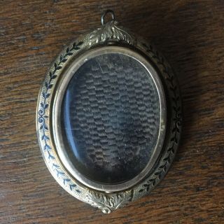 Antique Victorian Swivel Mourning Brooch Locket Enamel Leaf Pattern W/ Hair