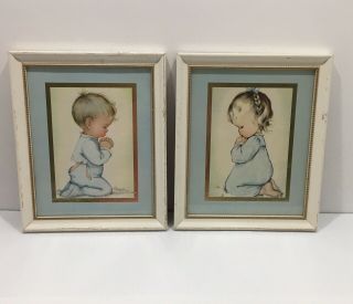 Vintage Charlotte Byi Framed Prints Little Boy And Girl Praying Baby Blue