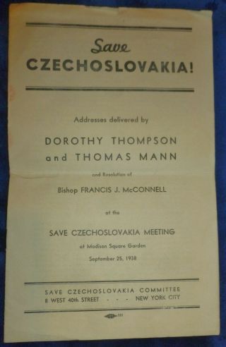 Vtg 1938 Save Czechoslovakia Meeting Brochure At Madison Sq Garden W Thomas Mann