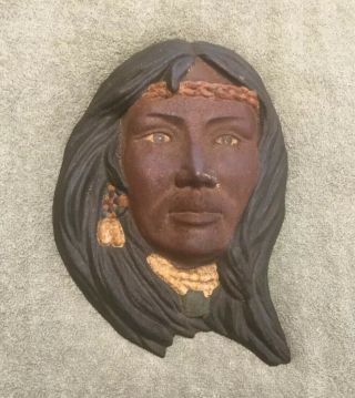 Vintage American Indian Squaw Cast Iron Wall Plaque Rare