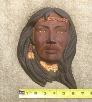 VINTAGE AMERICAN INDIAN SQUAW CAST IRON WALL PLAQUE RARE 4