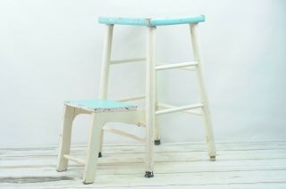 Vintage Wood Retro Step Stool Flip Up Steps Folding Stool Blue And White