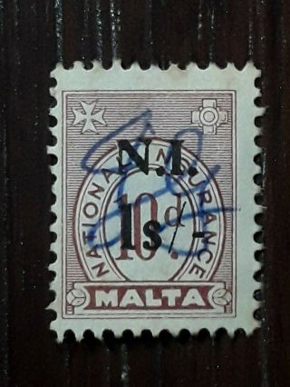 Malta Stamps National Insurance Overprinted N.  I.  1/ - On 10d,  Extremely Rare