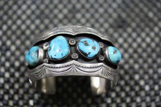 Old Pawn Vintage Navajo Cuff Bracelet 4 Sleeping Beauty Turquoise Stone,  Sterling