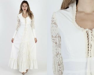 Vintage 70s Gunne Sax Dress Crochet Lace Corset Bridal Renaissance Wedding Maxi