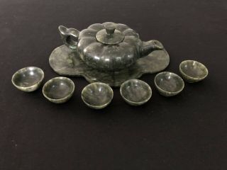 Vintage Chinese Carved Jade Melon Shaped Teapot With Matching Cups And Tray