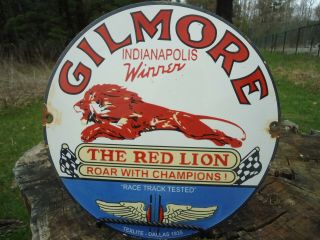Old Vintage 1935 Gilmore " The Red Lion " Porcelain Enamel Gas Pump Sign