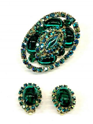 Vintage High End Emerald Green Cabochon Ab Rhinestone Oval Brooch Earrings