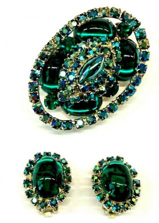 Vintage High End Emerald Green Cabochon AB Rhinestone Oval Brooch Earrings 2