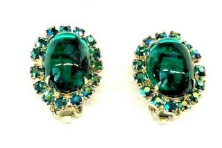 Vintage High End Emerald Green Cabochon AB Rhinestone Oval Brooch Earrings 3