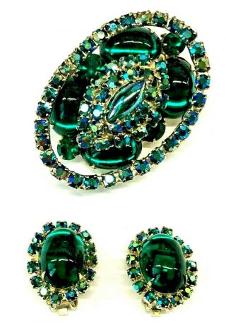 Vintage High End Emerald Green Cabochon AB Rhinestone Oval Brooch Earrings 5