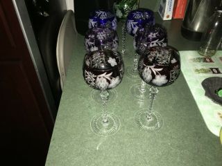 Vintage Hungarian Cut 24 Lead Crystal Wine Goblets Set of 7 3