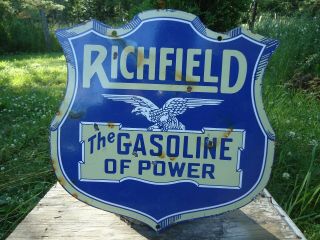 Old Vintage Richfield Gasoline Die Cut Porcelain Enamel Gas Pump Station Sign