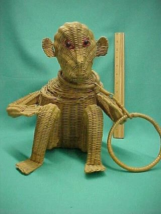 Vintage Straw Wicker Monkey Purse Handbag Tote W/ring Handle