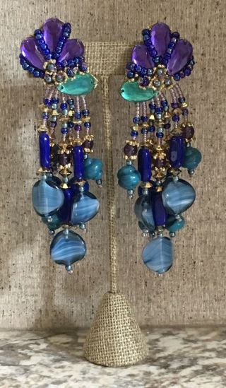 Vtg Colleen Toland Multi Beaded 4.  25 " Dangle Blue Purple Mardi Gras Earrings