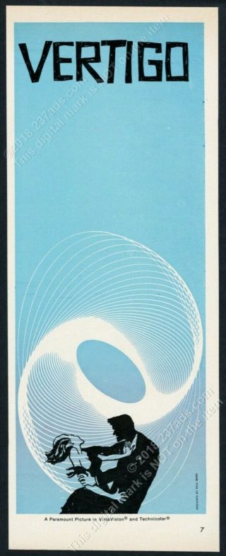 1958 Alfred Hitchcock Vertigo Movie Release Blue Saul Bass Art Vintage Print Ad