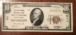 1929 $10 Bill Us Currency Ten Gettysburg Brown Seal Rare National Currency