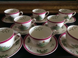 Rare Vtg Copeland Spode Christmas Tree Magenta •8 Cups And Saucers• Exc