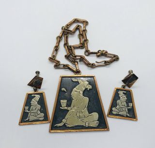 Vtg Casa Maya Mexico Copper Brass Black Enamel Large Pendant/dangle Earrings