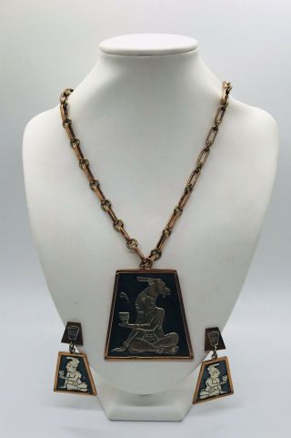 Vtg Casa Maya Mexico Copper Brass Black Enamel Large Pendant/Dangle Earrings 2