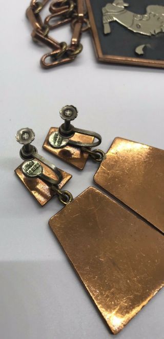 Vtg Casa Maya Mexico Copper Brass Black Enamel Large Pendant/Dangle Earrings 6